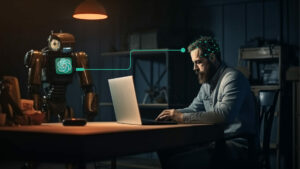 Man typing on computer using ChatGPT with AI Robot standing across the table.