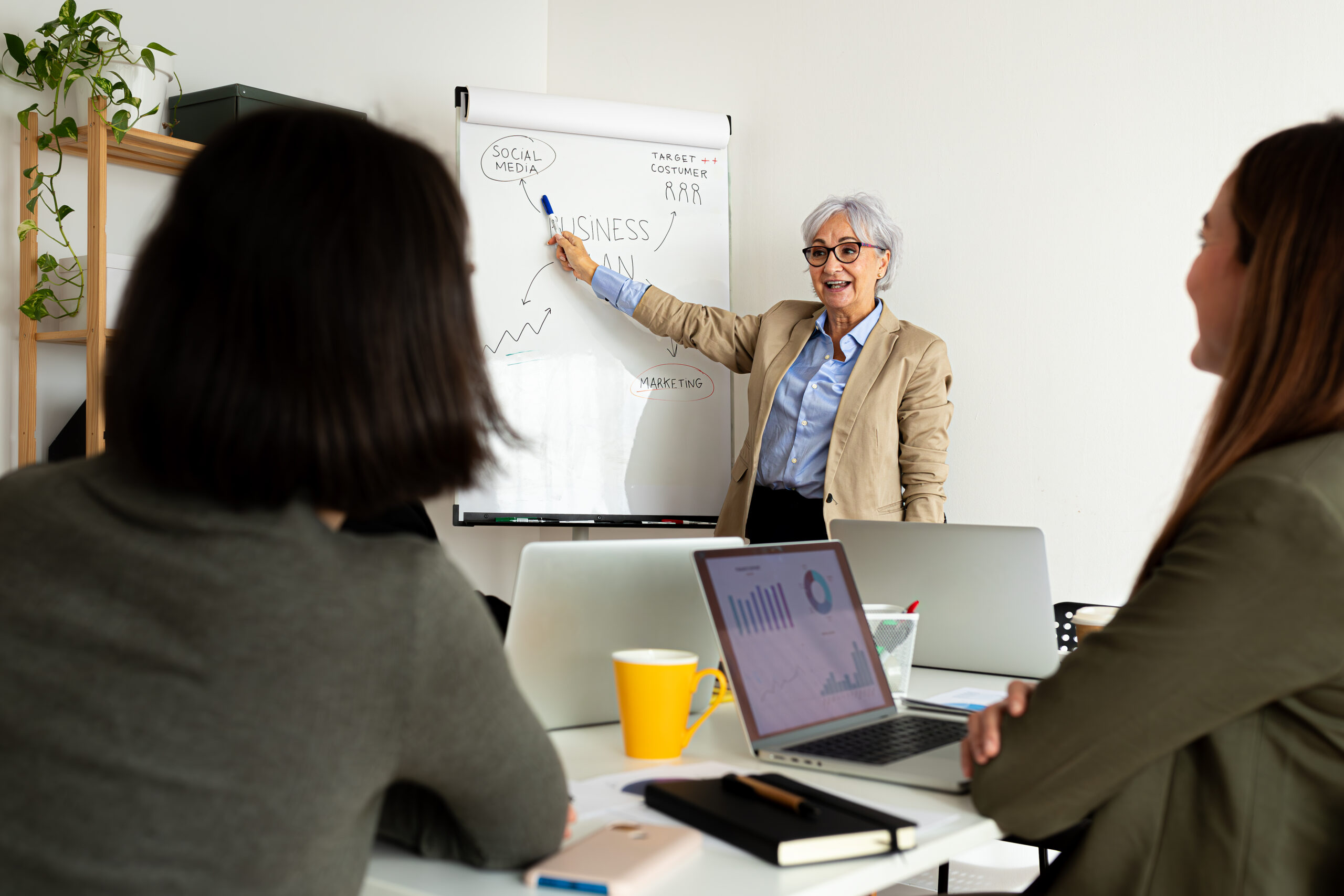 Mature business woman giving presentation to sales and marketing team at the office.