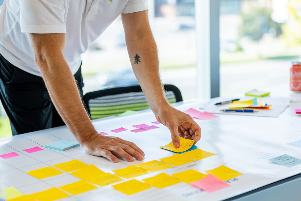 Sticky notes on a 90-day business plan at GrowthCLUB
